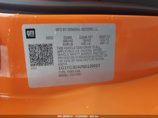 Chevrolet CORVETTE STINGRAY 2022 1G1YC3D42N5120023 Image 9