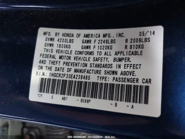 Honda ACCORD LX 2014 1HGCR2F30EA239485 Image 9
