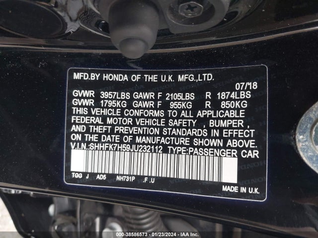 Honda CIVIC EX 2018 SHHFK7H59JU232112 Image 9