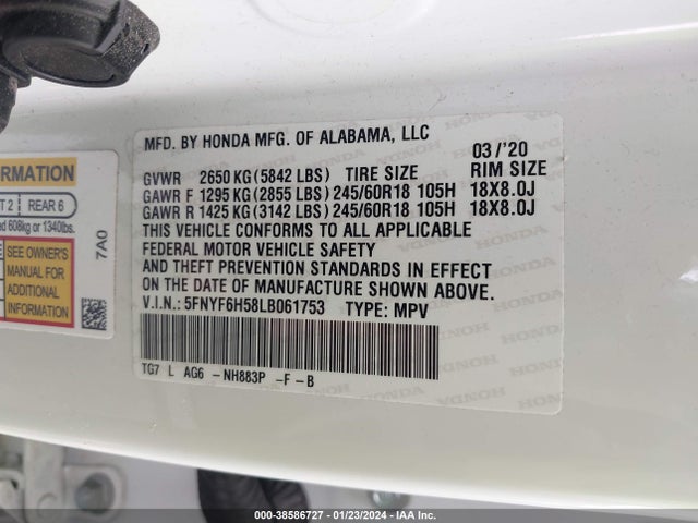 Honda Pilot Awd Ex-l 2020 5FNYF6H58LB061753 Image 9