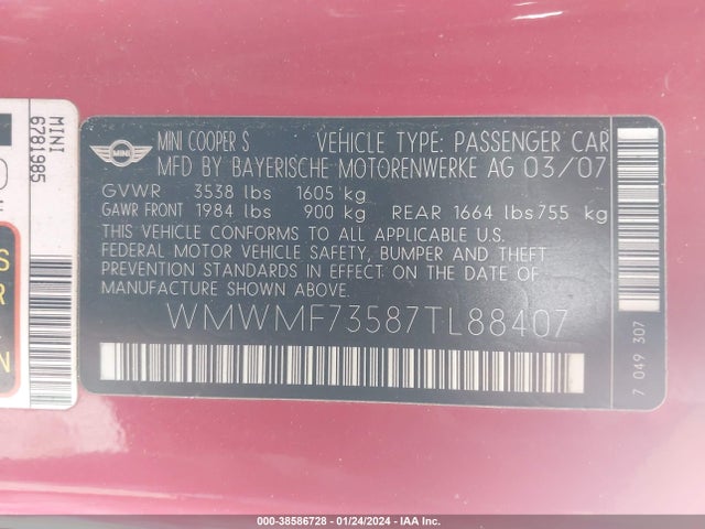 2007 MINI COOPER S WMWMF73587TL88407 Photo 8