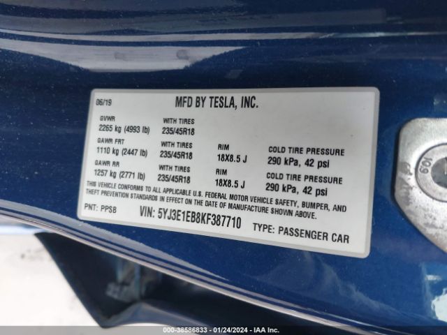 5YJ3E1EB8KF387710 Tesla MODEL 3