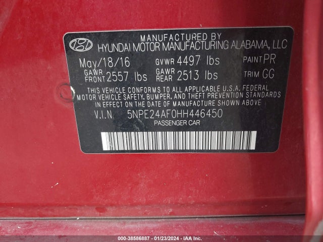 2017 HYUNDAI SONATA SE VIN: 5NPE24AF0HH446450