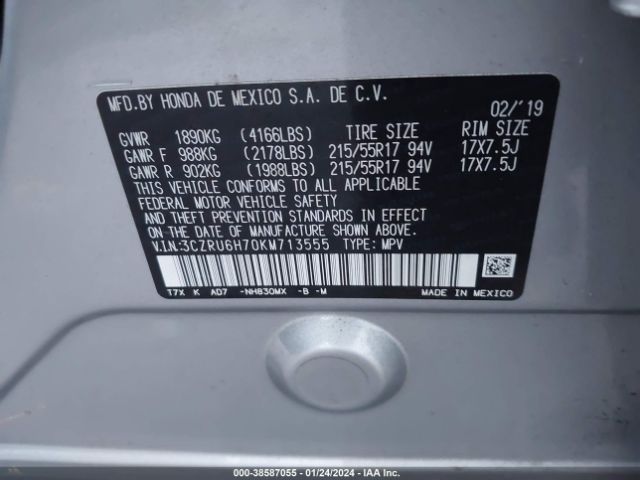 3CZRU6H70KM713555 Honda Hr-v Ex-l