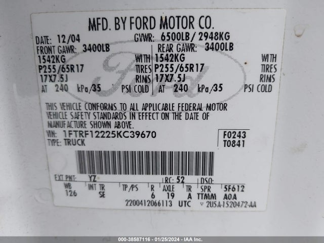2005 FORD F-150 STX/XL/XLT VIN: 1FTRF12225KC39670