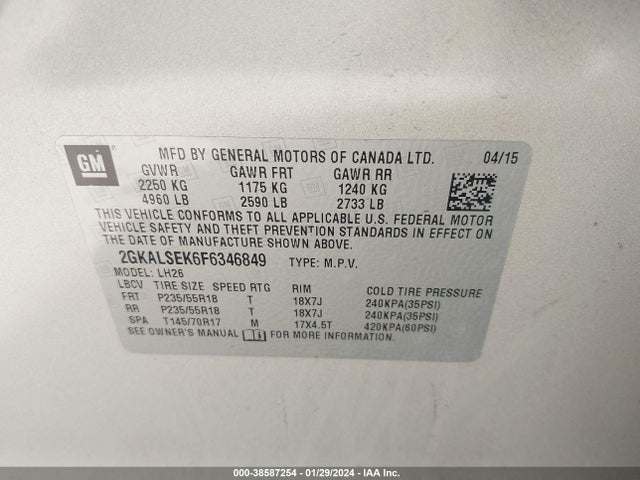 GMC Terrain Slt-1 2015 2GKALSEK6F6346849 Image 9
