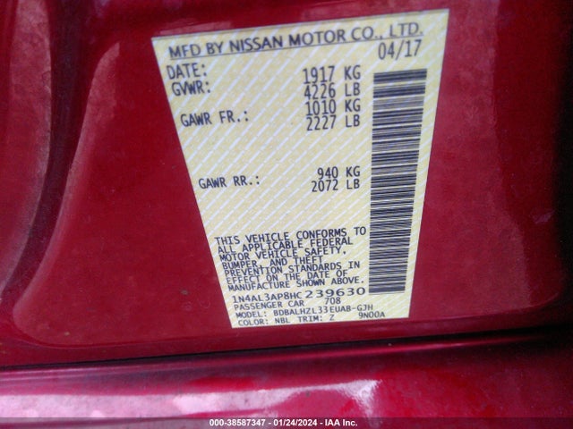 2017 NISSAN ALTIMA 2.5 SR VIN: 1N4AL3AP8HC239630