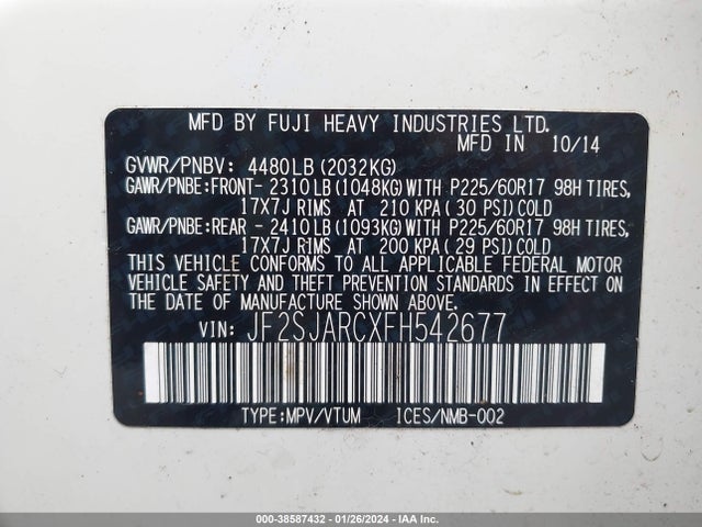 2015 SUBARU FORESTER 2.5I LIMITED VIN: JF2SJARCXFH542677