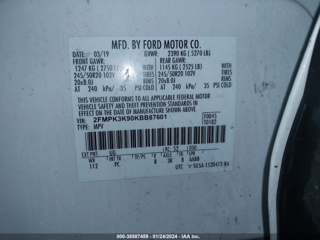 Ford Edge Titanium 2019 2FMPK3K90KBB87601 Image 9