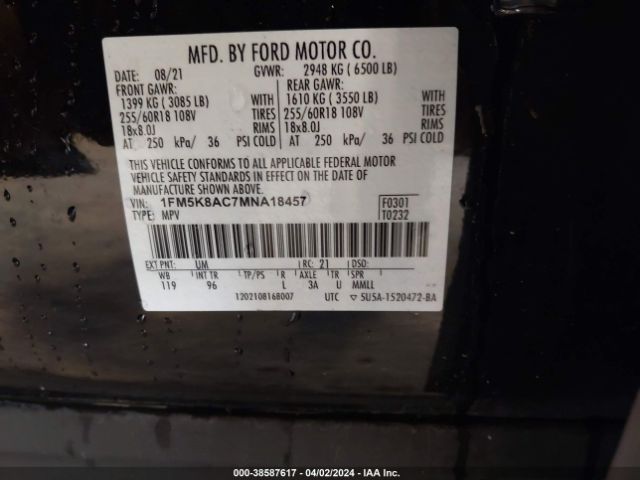 1FM5K8AC7MNA18457 Ford Police Interceptor Utility