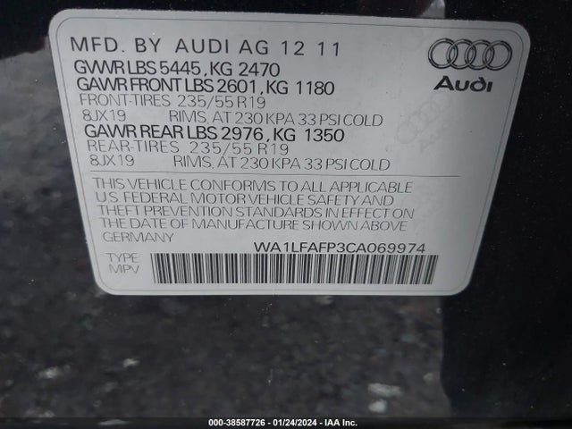 2012 AUDI Q5 2.0T PREMIUM VIN: WA1LFAFP3CA069974
