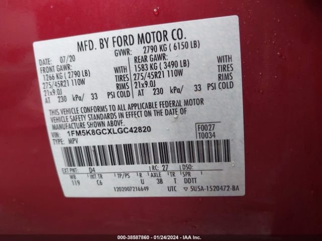 2020 FORD EXPLORER 1FM5K8GCXLGC42820 Photo 8