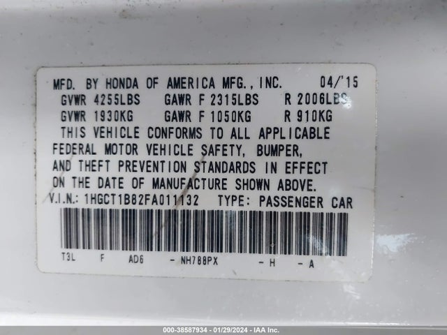 2015 HONDA ACCORD EX-L VIN: 1HGCT1B82FA011132