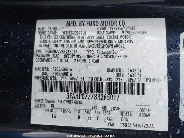 2008 FORD FUSION SE VIN: 3FAHP07Z78R265017
