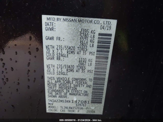 Nissan MURANO SL 2019 5N1AZ2MS3KN137081 Image 9