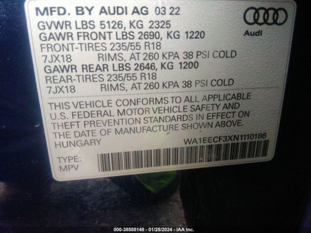 WA1EECF3XN1110186 Audi Q3 Premium Plus 45 Tfsi S Line Quattro Tiptronic