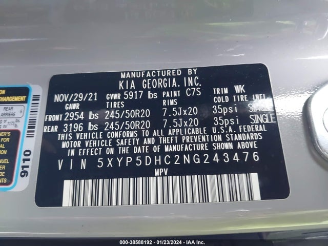 2022 KIA TELLURIDE SX VIN: 5XYP5DHC2NG243476