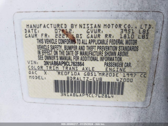 2012 NISSAN SENTRA 2.0 S VIN: 3N1AB6AP9CL762864