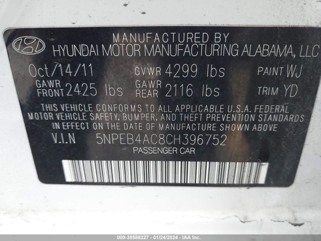 2012 HYUNDAI SONATA GLS VIN: 5NPEB4AC8CH396752