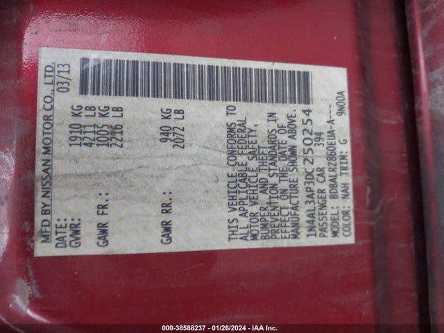 2013 NISSAN ALTIMA 2.5 S VIN: 1N4AL3AP3DC250254