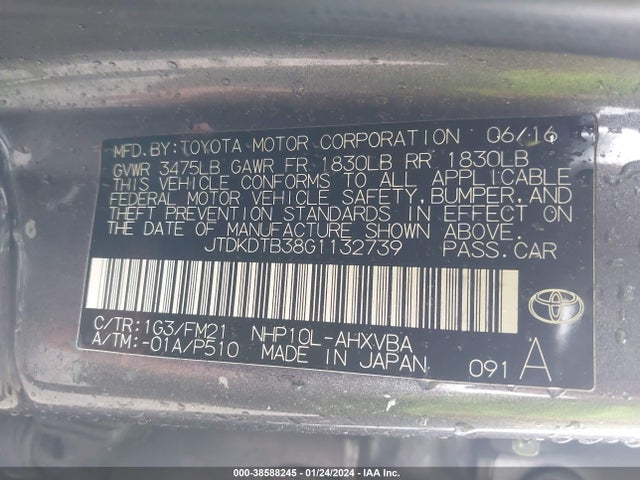 Toyota Prius C Two 2016 JTDKDTB38G1132739 Image 9