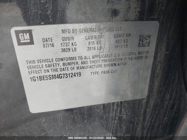 2016 CHEVROLET CRUZE LT AUTO VIN: 1G1BE5SM4G7312419