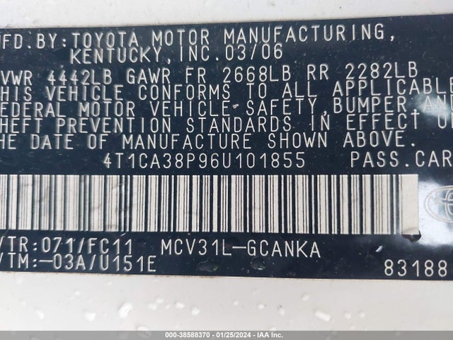 2006 TOYOTA CAMRY SOLARA SE SPORT V6 VIN: 4T1CA38P96U101855