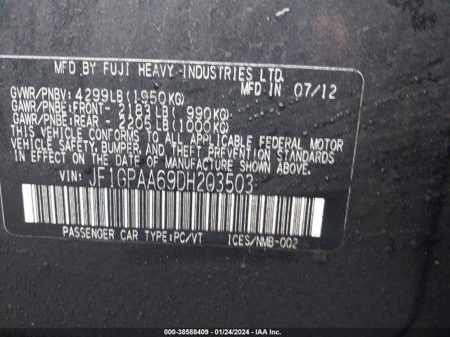 2013 SUBARU IMPREZA 2.0I VIN: JF1GPAA69DH203503