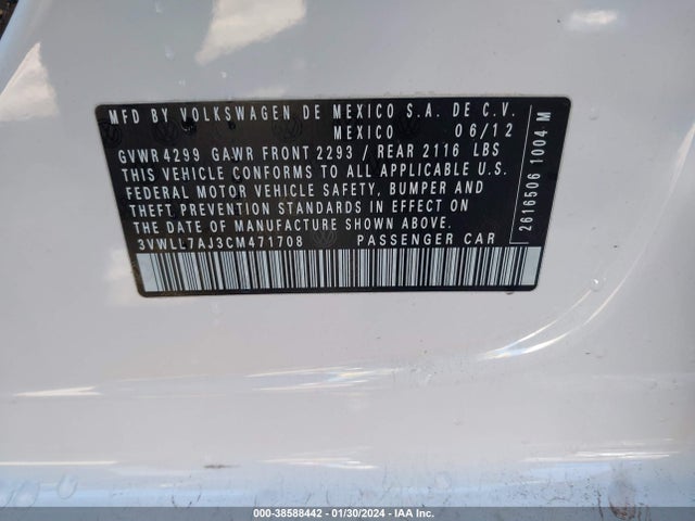 2012 VOLKSWAGEN JETTA 2.0L TDI VIN: 3VWLL7AJ3CM471708