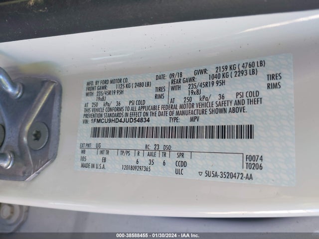 Ford ESCAPE SEL 2018 1FMCU9HD4JUD54834 Image 9