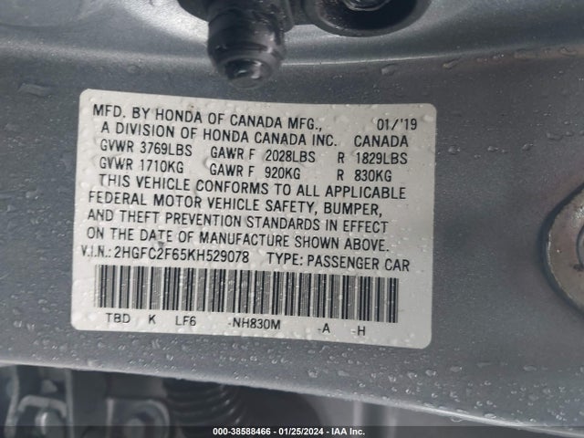 Honda Civic Lx 2019 2HGFC2F65KH529078 Image 9