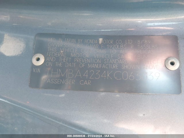1989 HONDA PRELUDE 2.0SI/2.0S VIN: JHMBA4234KC063039