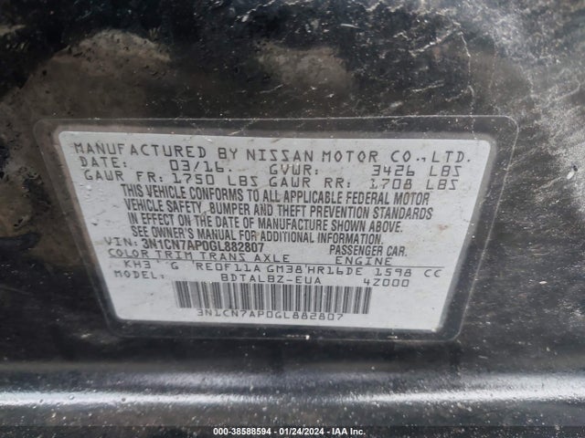 Nissan Versa S/s Plus/sv/sl 2016 3N1CN7AP0GL882807 Image 9