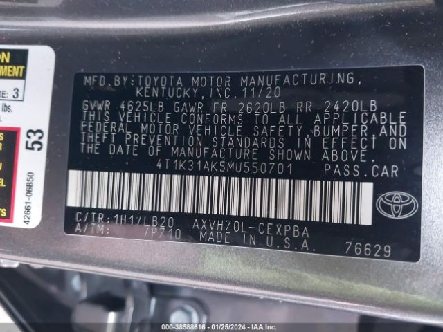 2021 TOYOTA CAMRY 4T1K31AK5MU550701 Photo 8
