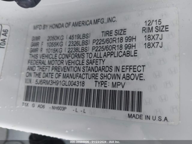 5J6RM3H91GL004318 Honda Cr-v Touring