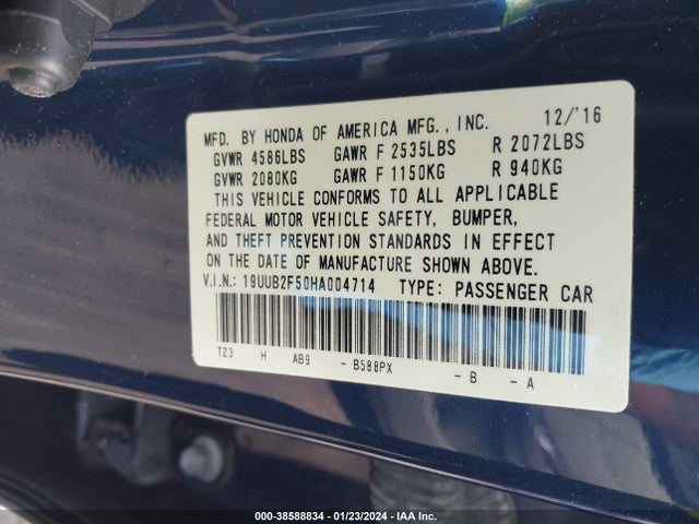 2017 ACURA TLX TECHNOLOGY PACKAGE VIN: 19UUB2F50HA004714