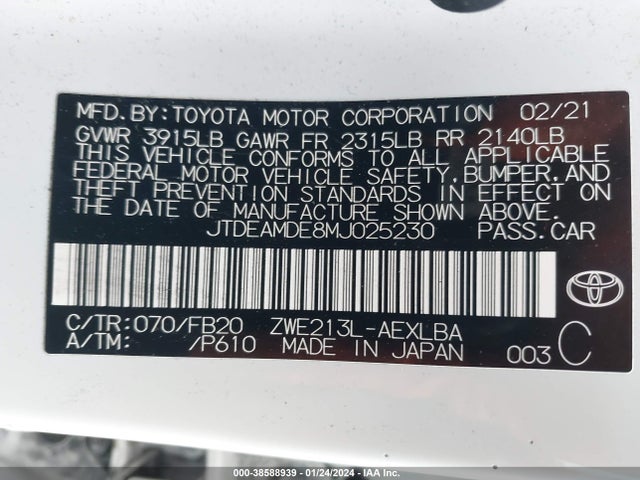 Toyota Corolla Hybrid Le 2021 JTDEAMDE8MJ025230 Image 9