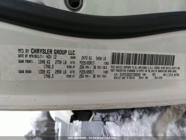 2013 DODGE JOURNEY SXT VIN: 3C4PDCBG3DT589262