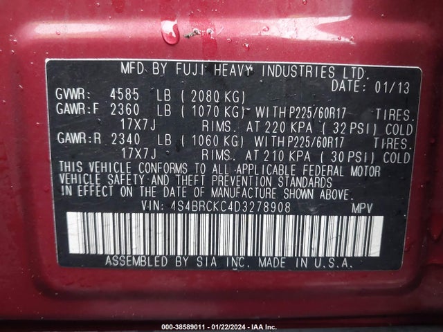 2013 SUBARU OUTBACK 2.5I LIMITED VIN: 4S4BRCKC4D3278908