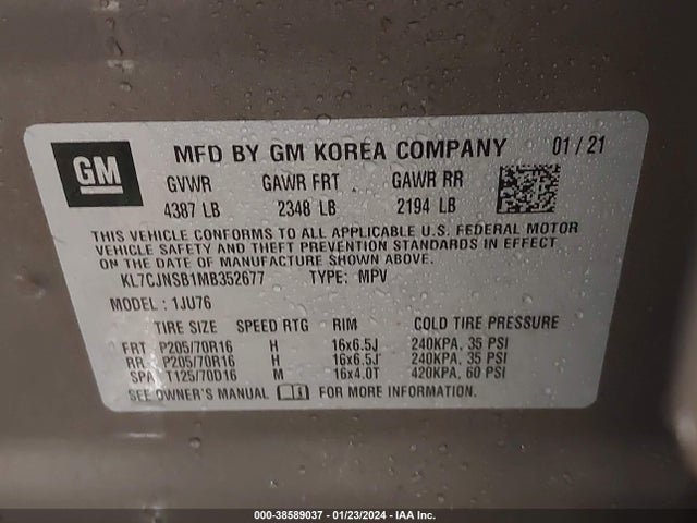 Chevrolet Trax Awd Ls 2021 KL7CJNSB1MB352677 Image 9