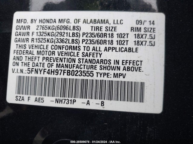 2015 HONDA PILOT TOURING VIN: 5FNYF4H97FB023555