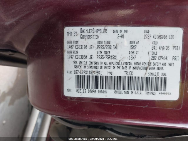 2001 DODGE DAKOTA SLT/SPORT VIN: 1B7HL2AX11S247941