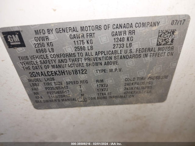 Chevrolet EQUINOX LT 2017 2GNALCEK3H1618122 Image 9