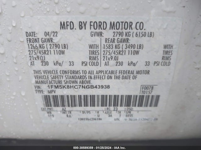 Ford Explorer Platinum 2022 1FM5K8HC7NGB43938 Image 9