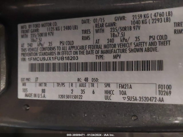 Ford Escape Titanium 2015 1FMCU9JX1FUB18203 Image 9
