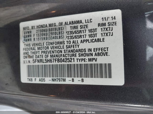 Honda Odyssey Ex-l 2015 5FNRL5H67FB042521 Image 9