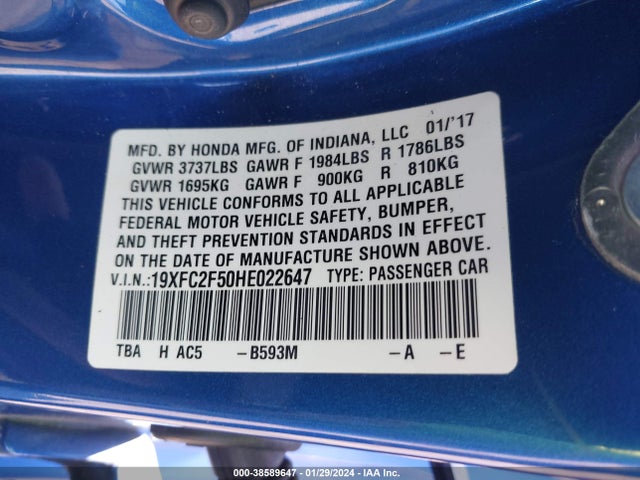Honda Civic Lx 2017 19XFC2F50HE022647 Image 9