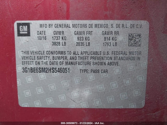 Chevrolet CRUZE LT 2017 3G1BE6SM2HS546051 Image 9