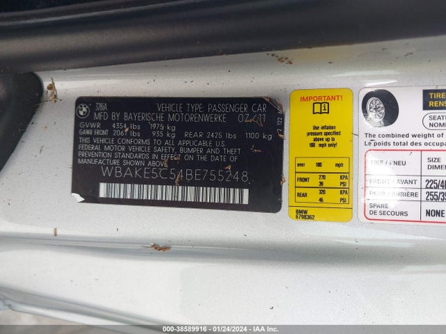 2011 BMW 328I VIN: WBAKE5C54BE755248
