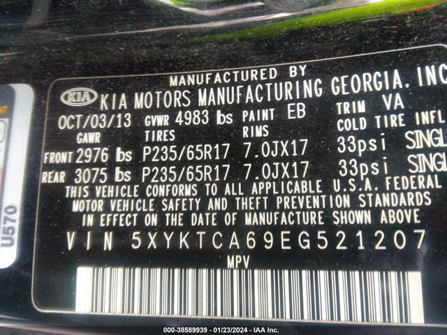KIA SORENTO LX 2014 5XYKTCA69EG521207 Image 9